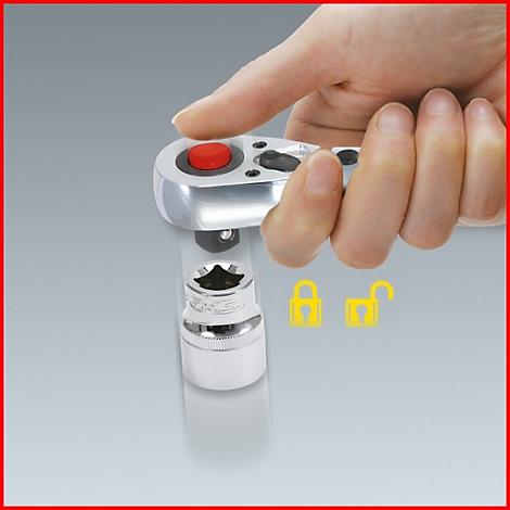 Hand hält Knarre mit rotem Knopf und Steckschlüssel. Daneben gelbes Schloss, geöffnetes Schloss.